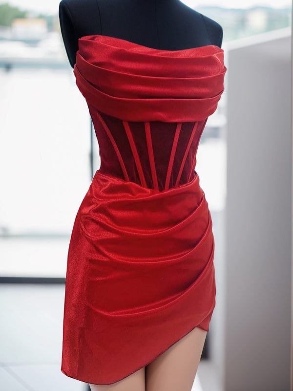 Sheath Straight Pleated Short/Mini Silk like Satin Corset Dress