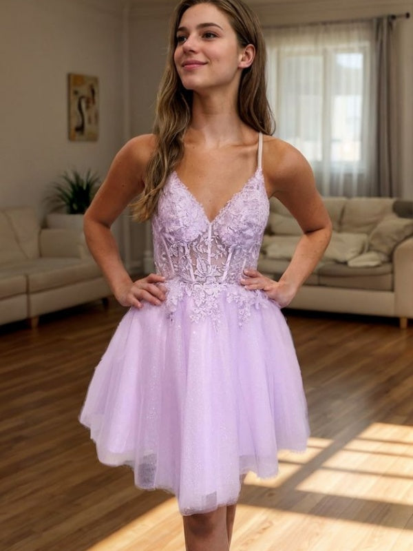 A-line V-neck Appliques Lace Short/Mini Tulle Corset Dress