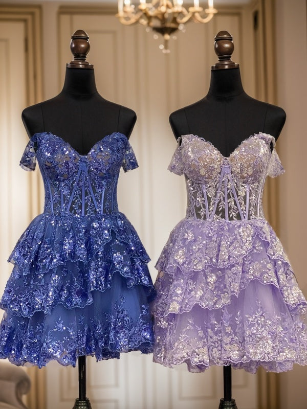 A-line Off-the-Shoulder Appliques Lace Short/Mini Tulle Corset Dress
