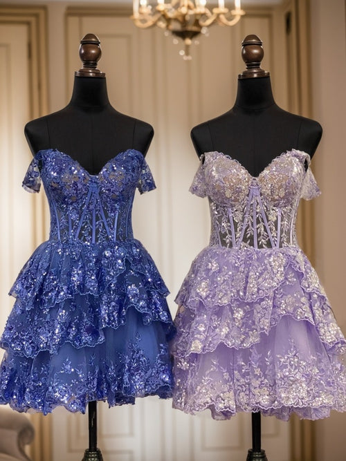 A-line Off-the-Shoulder Appliques Lace Short/Mini Tulle Corset Dress