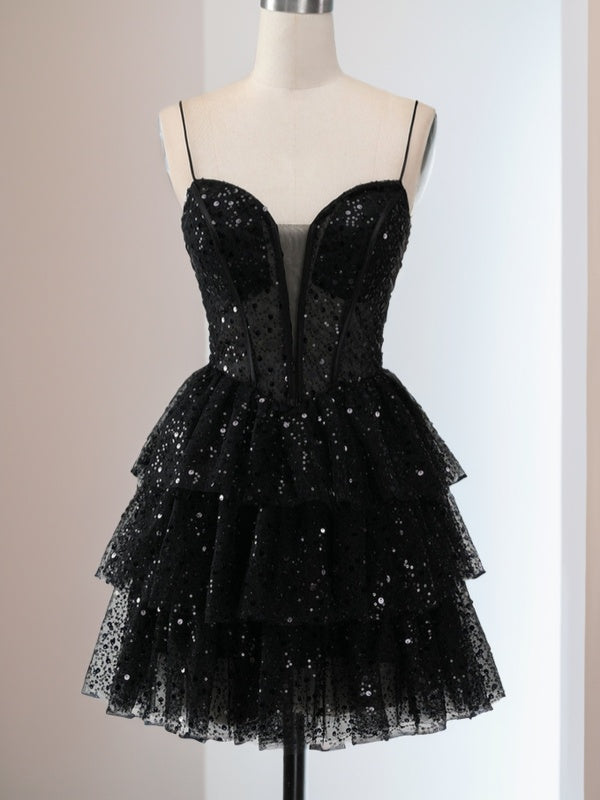 A-line Spaghetti Straps Cascading Ruffles Short/Mini Corset Dress