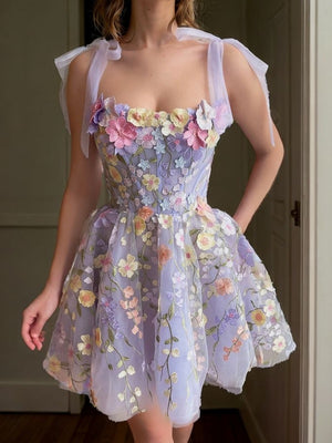 A-line Straps Appliques Lace Short/Mini Tulle Corset Dress