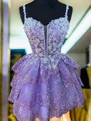 A-line Spaghetti Straps Appliques Lace Short/Mini Lace Corset Dress