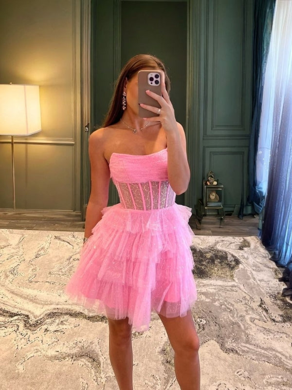 A-line Straight Cascading Ruffles Short/Mini Tulle Corset Dress