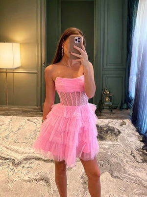 A-line Straight Cascading Ruffles Short/Mini Tulle Corset Dress