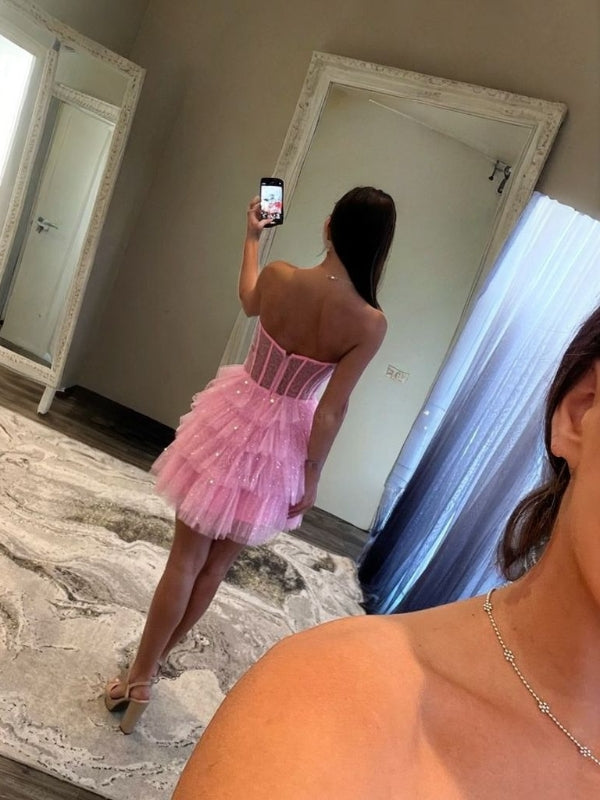A-line Straight Cascading Ruffles Short/Mini Tulle Corset Dress