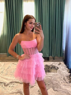 A-line Straight Cascading Ruffles Short/Mini Tulle Corset Dress
