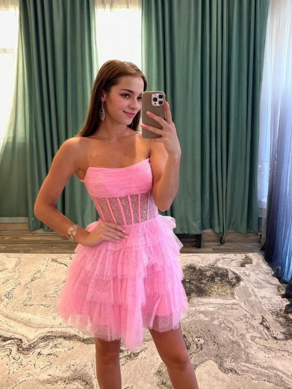 A-line Straight Cascading Ruffles Short/Mini Tulle Corset Dress