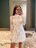 A-line High Neck Long Sleeves Appliques Lace Short/Mini Lace Corset Dress
