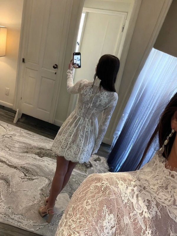 A-line High Neck Long Sleeves Appliques Lace Short/Mini Lace Corset Dress