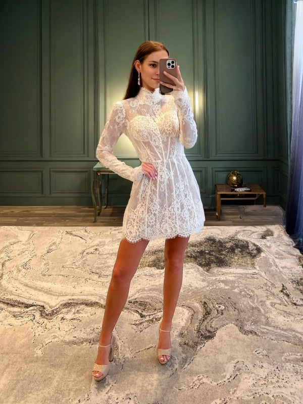 A-line High Neck Long Sleeves Appliques Lace Short/Mini Lace Corset Dress