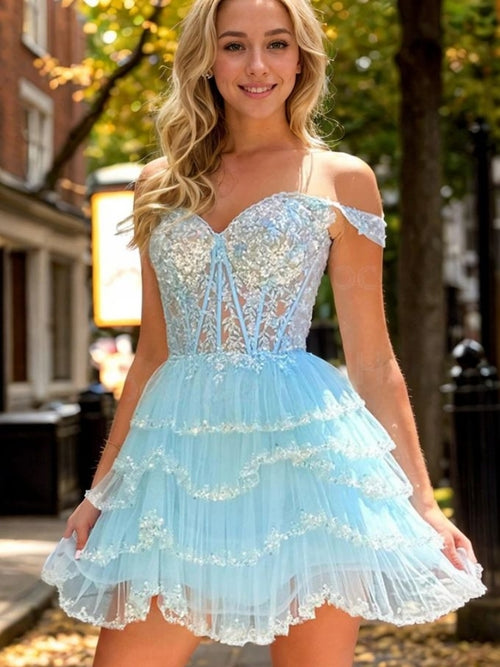 A-line Off-the-Shoulder Cascading Ruffles Short/Mini Tulle Corset Dress