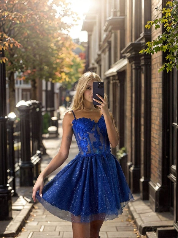A-line Spaghetti Straps Appliques Lace Short/Mini Tulle Corset Dress