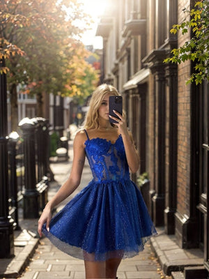 A-line Spaghetti Straps Appliques Lace Short/Mini Tulle Corset Dress