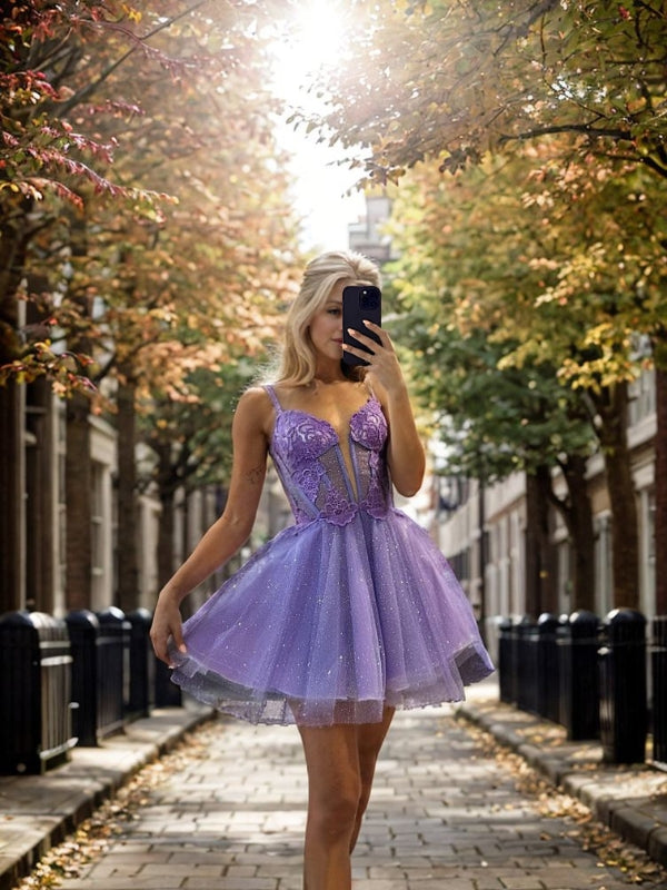 A-line Spaghetti Straps Appliques Lace Short/Mini Tulle Corset Dress