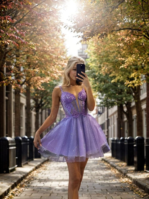 A-line Spaghetti Straps Appliques Lace Short/Mini Tulle Corset Dress