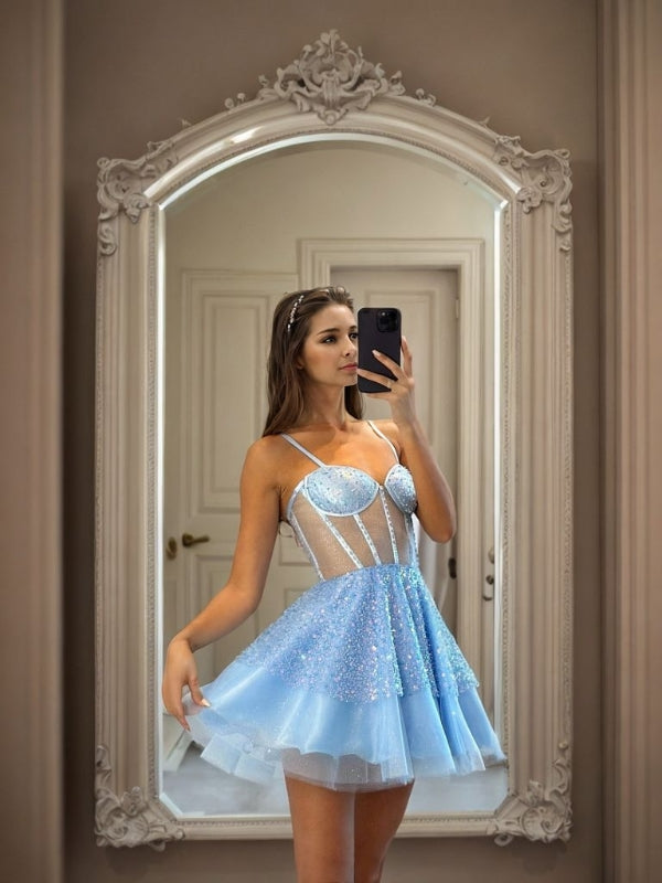 A-line Spaghetti Straps Sequin Short/Mini Tulle Corset Dress