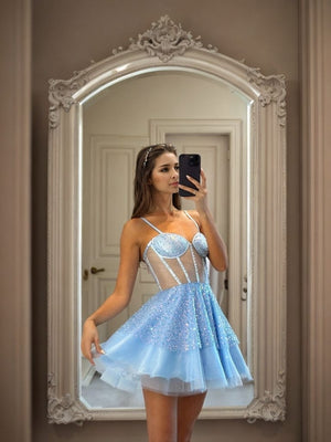 A-line Spaghetti Straps Sequin Short/Mini Tulle Corset Dress