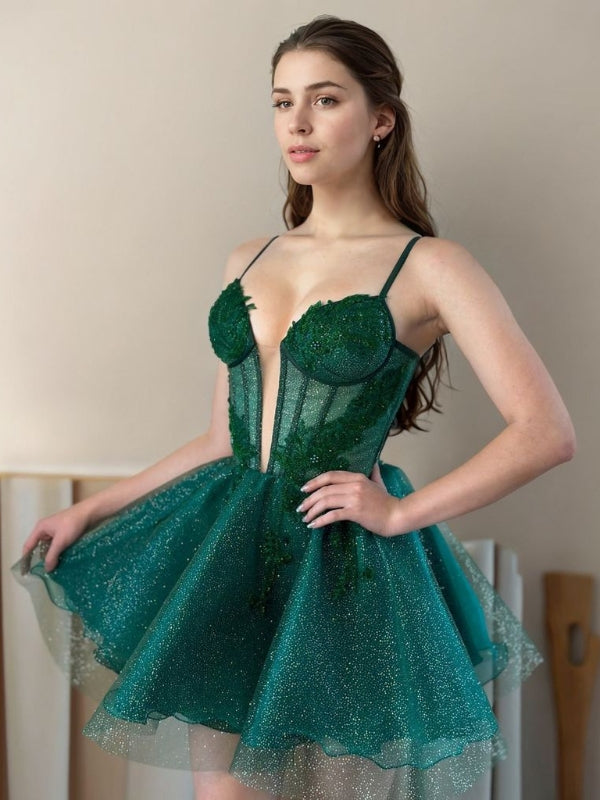A-line Spaghetti Straps Appliques Lace Short/Mini Tulle Corset Dress