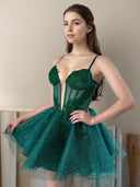 A-line Spaghetti Straps Appliques Lace Short/Mini Tulle Corset Dress