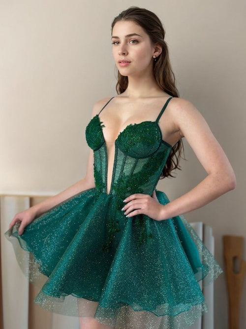 A-line Spaghetti Straps Appliques Lace Short/Mini Tulle Corset Dress