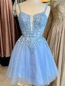 A-line V-neck Appliques Lace Short/Mini Tulle Corset Dress
