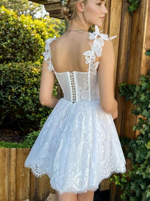 A-line Sweetheart Ruffles Short/Mini Lace Corset Dress