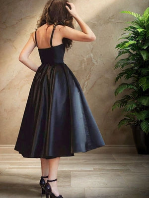 A-line Sweetheart Ruffles Tea-Length Satin Dress