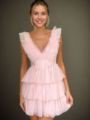 A-line V-neck Cascading Ruffles Short/Mini Tulle Dress