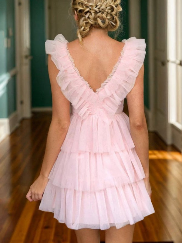 A-line V-neck Cascading Ruffles Short/Mini Tulle Dress