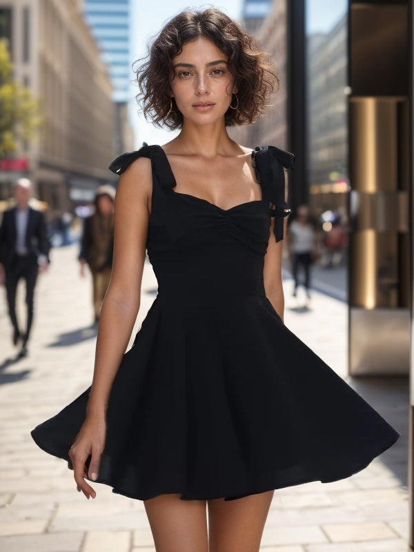 A-line Straps Bow Short/Mini Stretch Crepe Dress