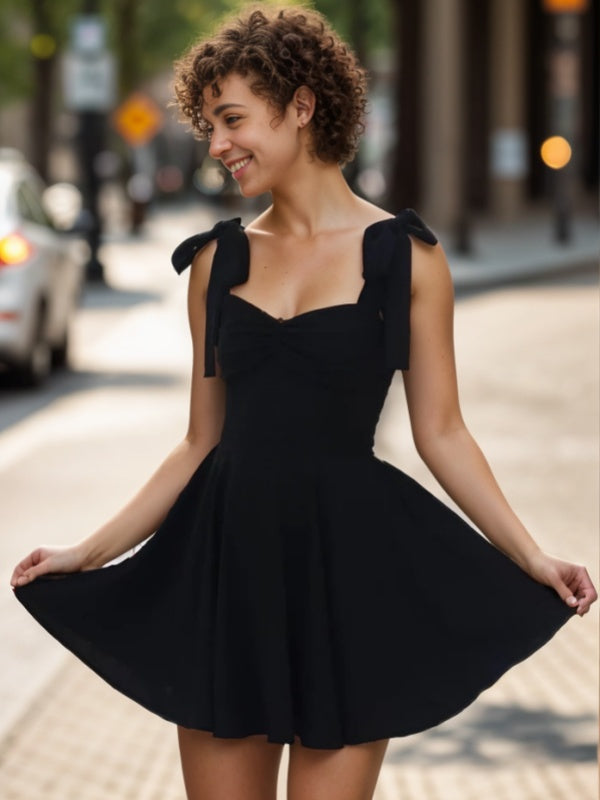 A-line Straps Bow Short/Mini Stretch Crepe Dress