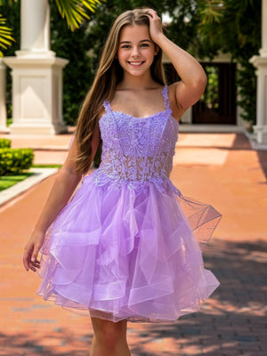 A-line Straps Appliques Lace Short/Mini Tulle Corset Dress