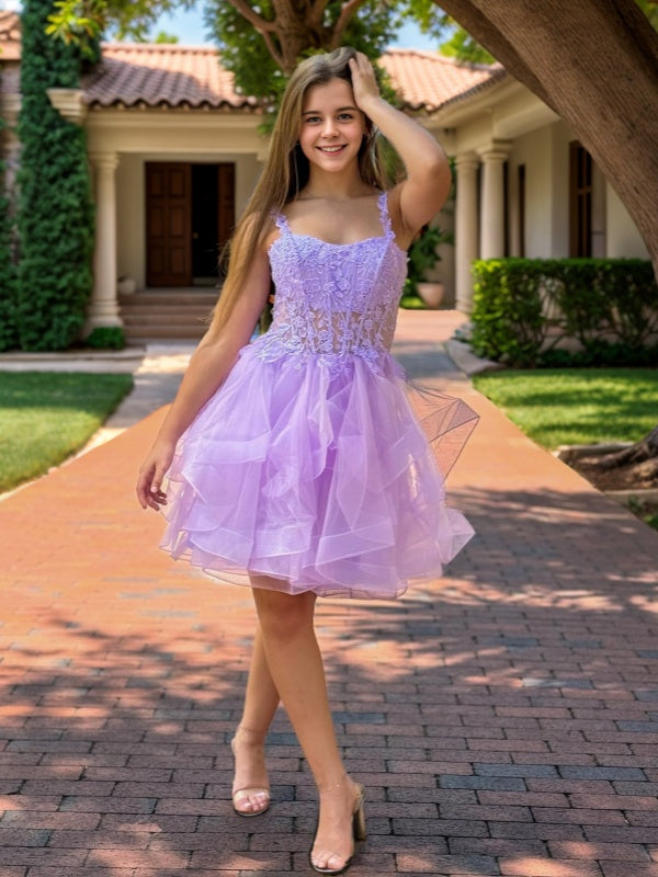 A-line Straps Appliques Lace Short/Mini Tulle Corset Dress