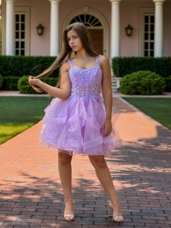A-line Straps Appliques Lace Short/Mini Tulle Corset Dress