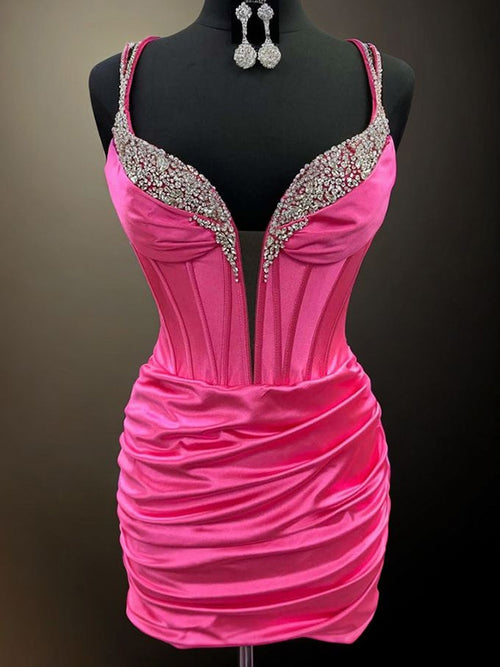 Sheath Straps Rhinestone Short/Mini Corset Silk like Satin Dress
