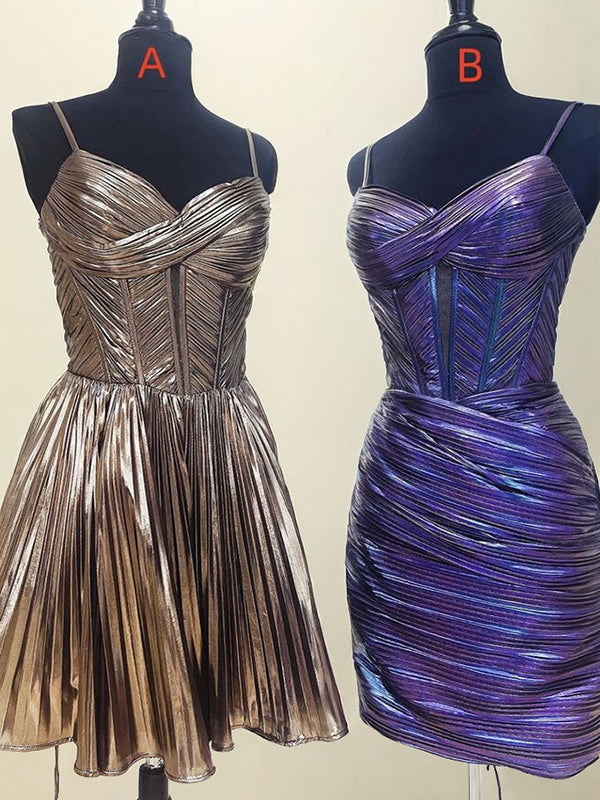 A-line Spaghetti Straps Pleated Short/Mini Metallic Satin Corset Dress
