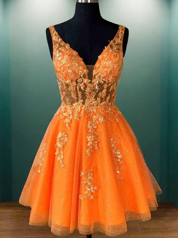 A-line V-neck Appliques Lace Short/Mini Tulle Corset Dress
