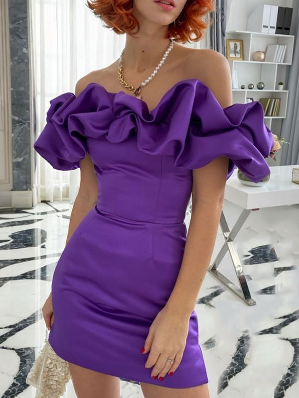 Sheath Off-the-Shoulder Pleated Short/Mini Satin Dress