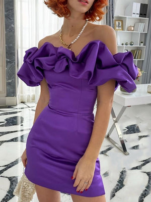 Sheath Off-the-Shoulder Pleated Short/Mini Satin Dress