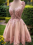 A-line Illusion Appliques Lace Short/Mini Tulle Dress