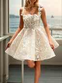 A-line Spaghetti Straps Appliques Lace Short/Mini Lace Corset Dress