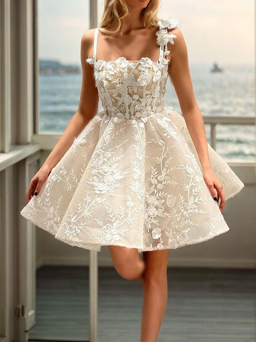 A-line Spaghetti Straps Appliques Lace Short/Mini Lace Corset Dress