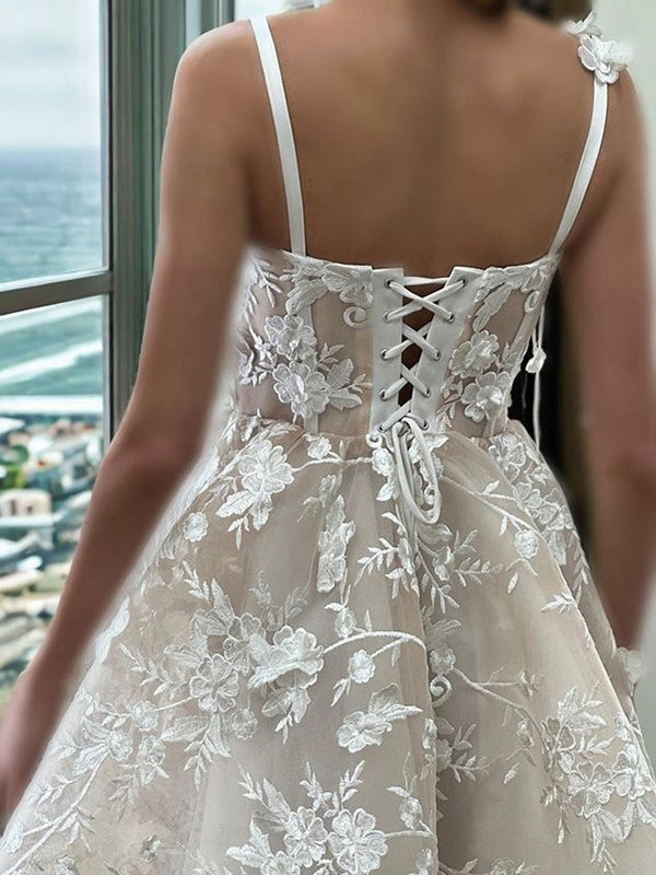 A-line Spaghetti Straps Appliques Lace Short/Mini Lace Corset Dress
