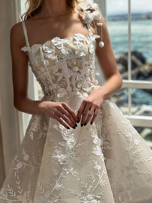 A-line Spaghetti Straps Appliques Lace Short/Mini Lace Corset Dress