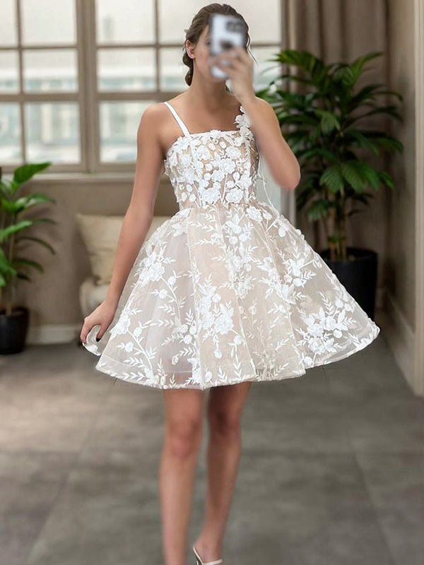 A-line Spaghetti Straps Appliques Lace Short/Mini Lace Corset Dress