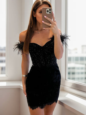 Sheath Off-the-Shoulder Sequin Short/Mini Lace Dress