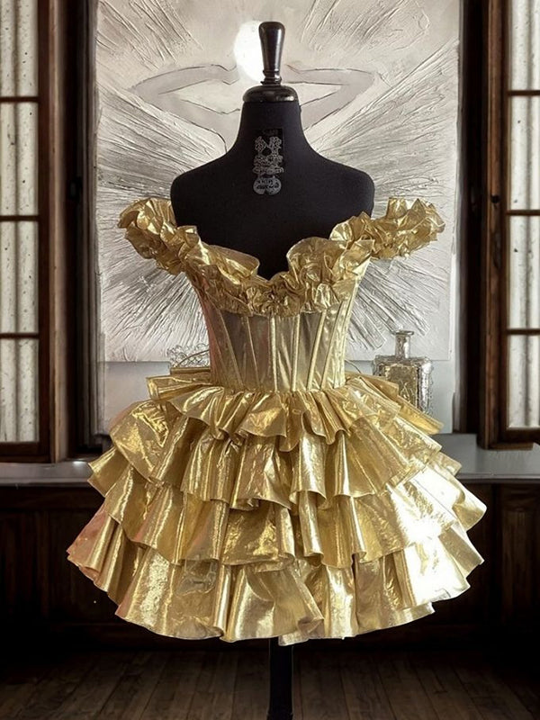 A-line Off-the-Shoulder Cascading Ruffles Short/Mini Corset Dress