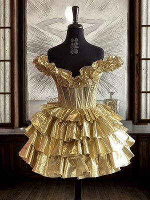 A-line Off-the-Shoulder Cascading Ruffles Short/Mini Corset Dress