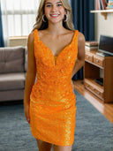 Sheath V-neck Appliques Lace Short/Mini Sequins Dress